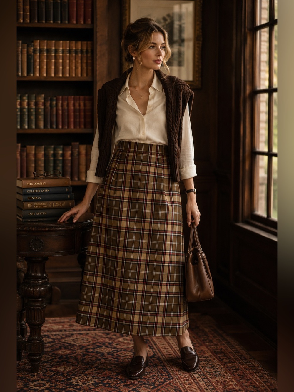 Classic Plaid Midi Skirt Light Academia